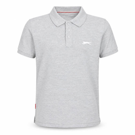 Front view of Slazenger boys’ grey polyester basic polo, size 11-12, years collared button