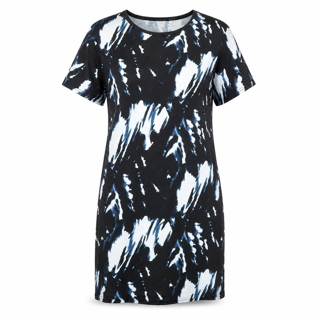 Front view of PRETTYLITTLETHING women’s black geometric polyester t-shirt dress, size UK 4, round neck pullover
