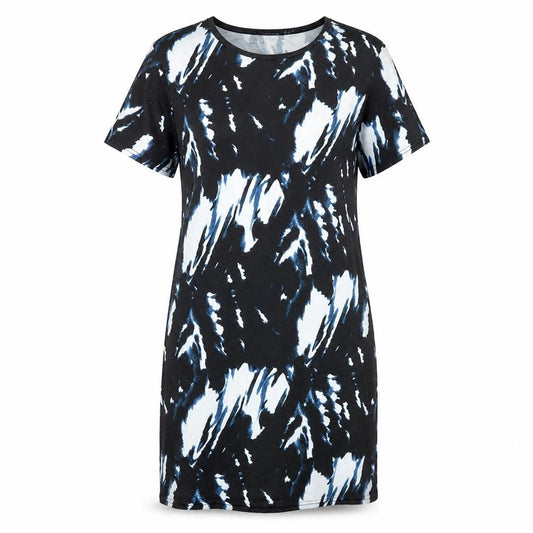 Front view of PRETTYLITTLETHING women’s black geometric polyester t-shirt dress, size UK 4, round neck pullover