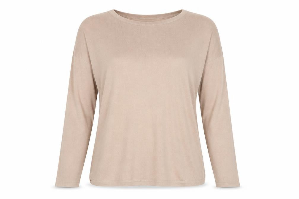Front view of H&M women’s beige boat neck polyester jumper, size XS