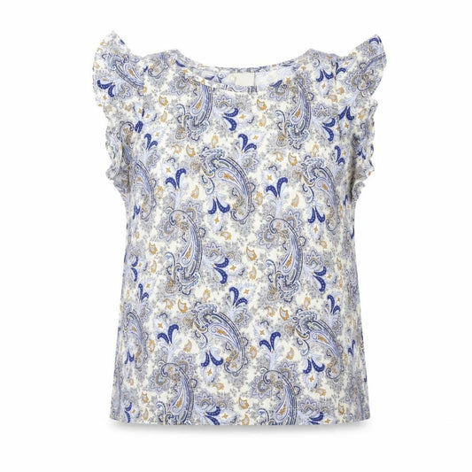 Front view of H&M women’s blue geometric viscose basic blouse, size M, round neck