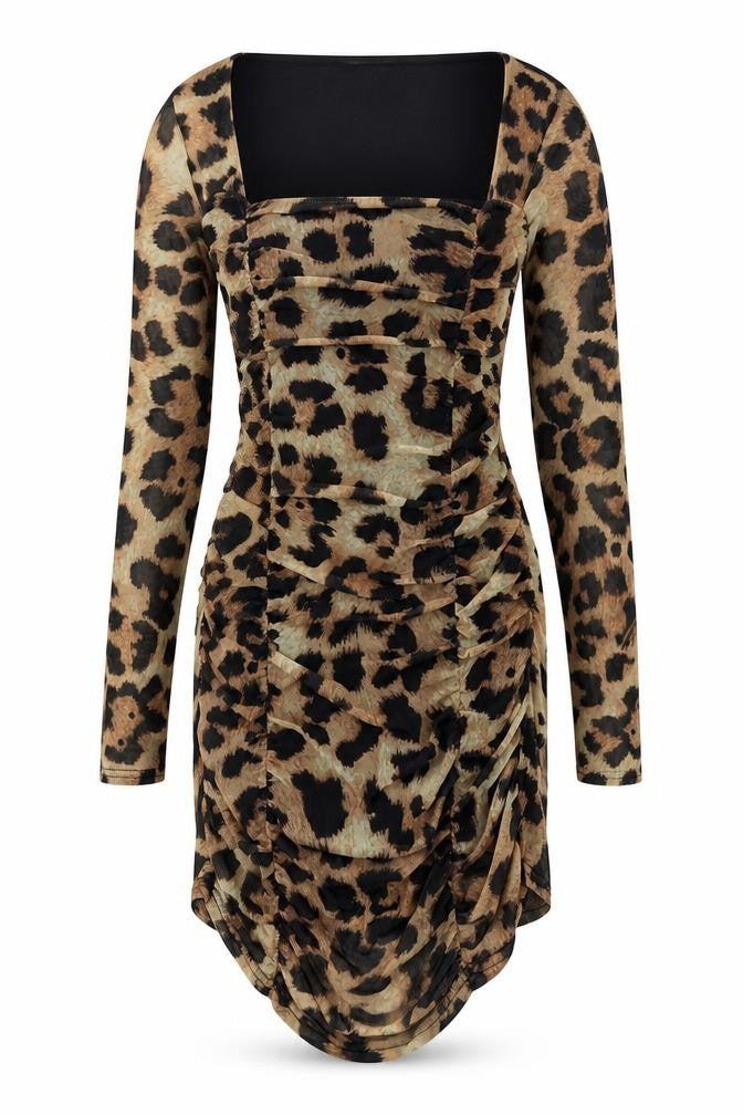 Front view of Nasty Gal women’s black animal print polyester bodycon, size UK 10, square neck pullover - leopard pattern