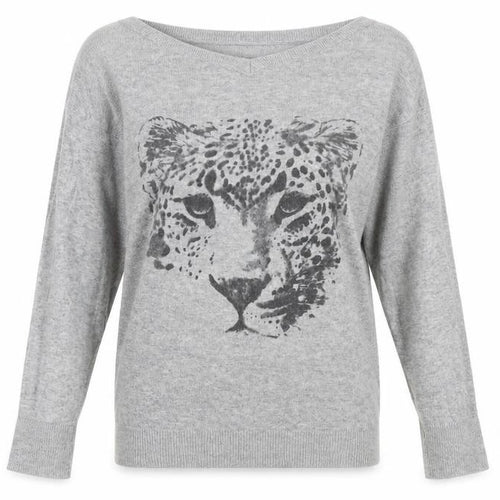 New Look Womens Grey Boat Neck Polyamide Pullover Jumper Size 8 - Leopard