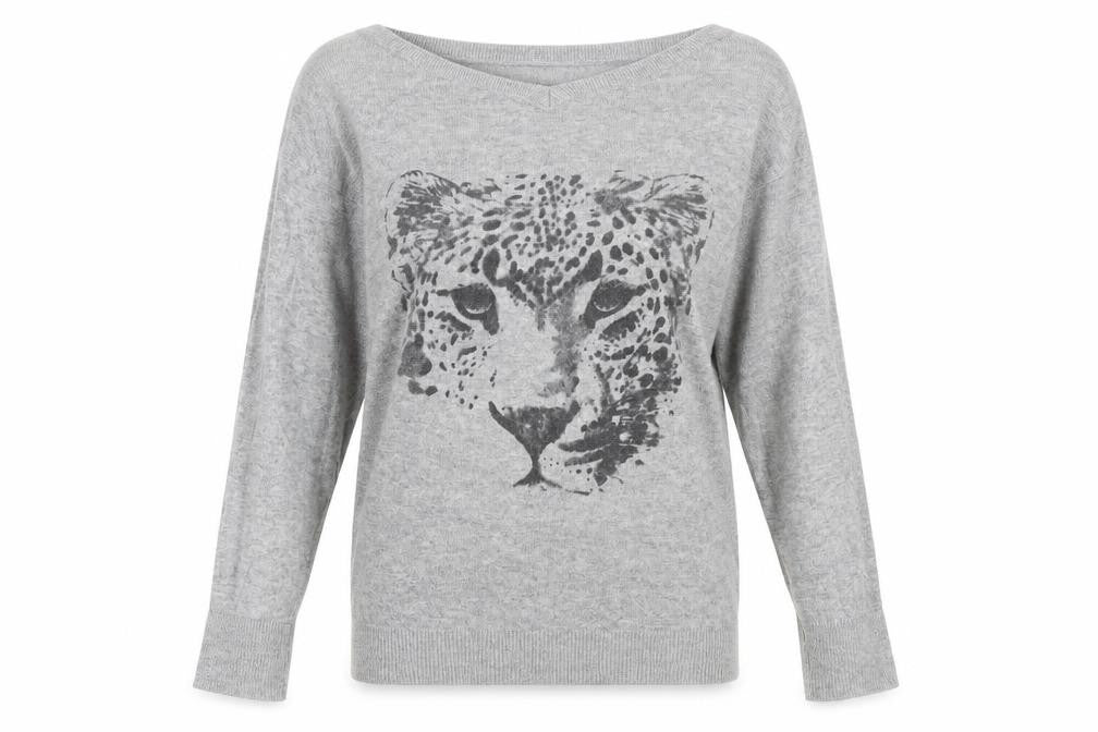 New Look Womens Grey Boat Neck Polyamide Pullover Jumper Size 8 - Leopard