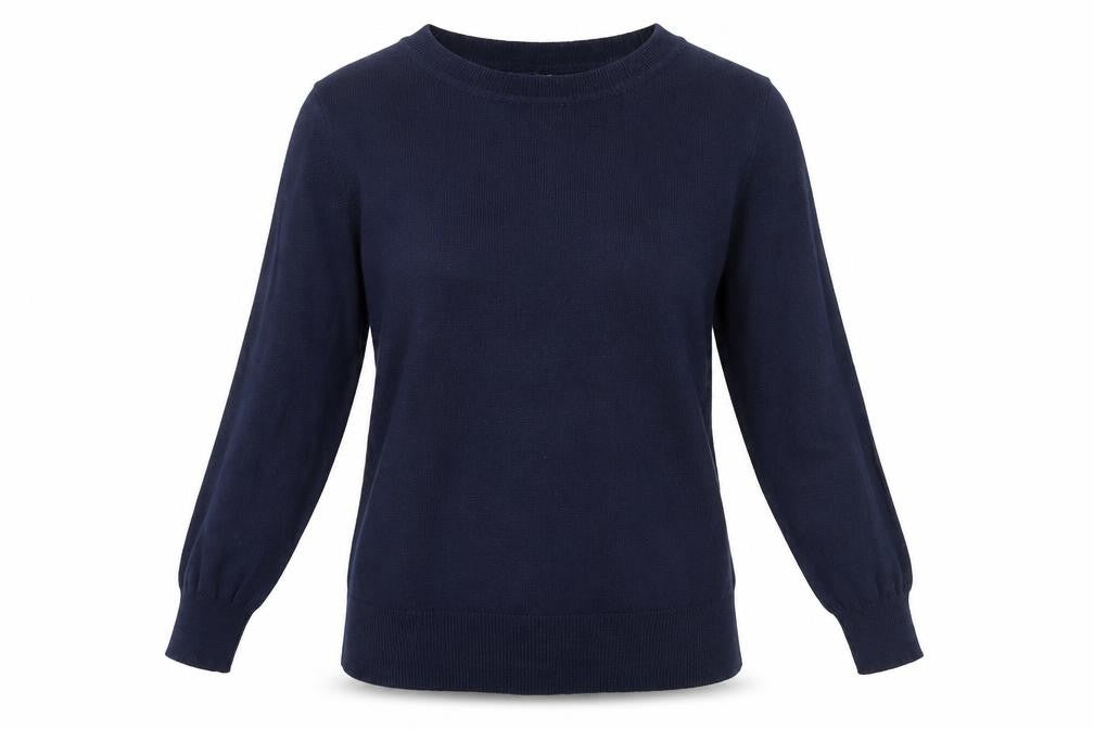 Front view of Next women’s blue round neck cotton jumper, size UK 6
