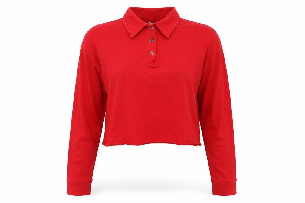 Front view of Topshop women’s red 100% cotton cropped polo, size UK 8, collared