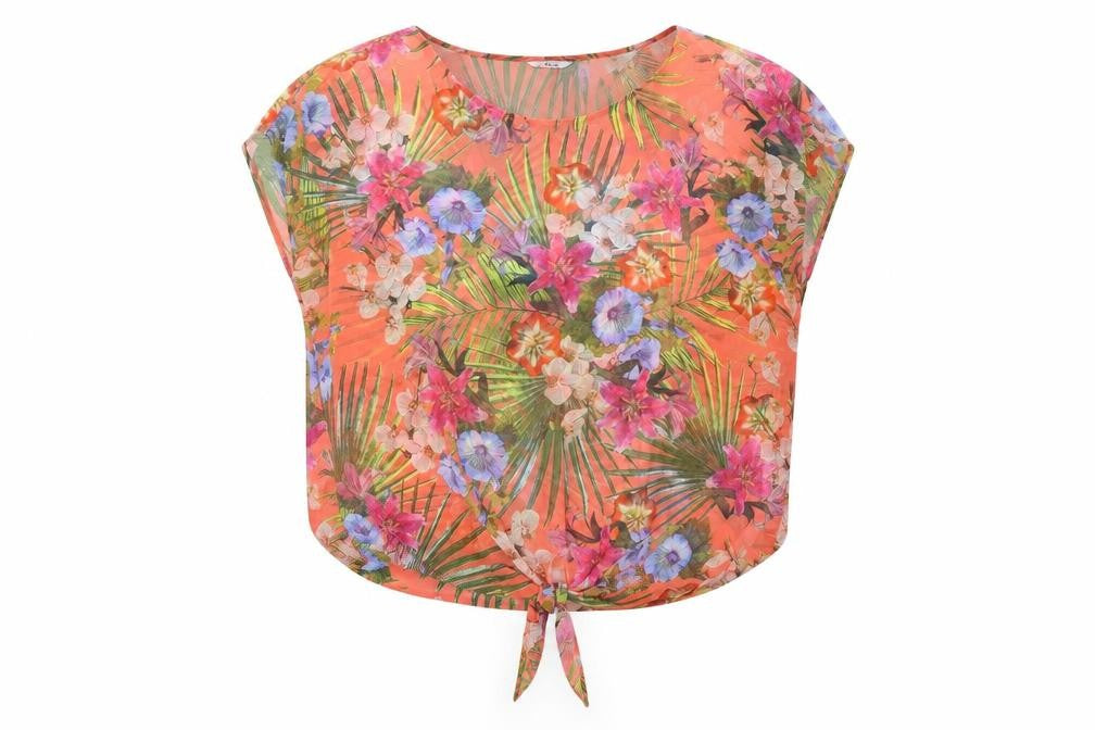 Front view of Etam women’s multicoloured floral polyester basic blouse, size UK 12, round neck