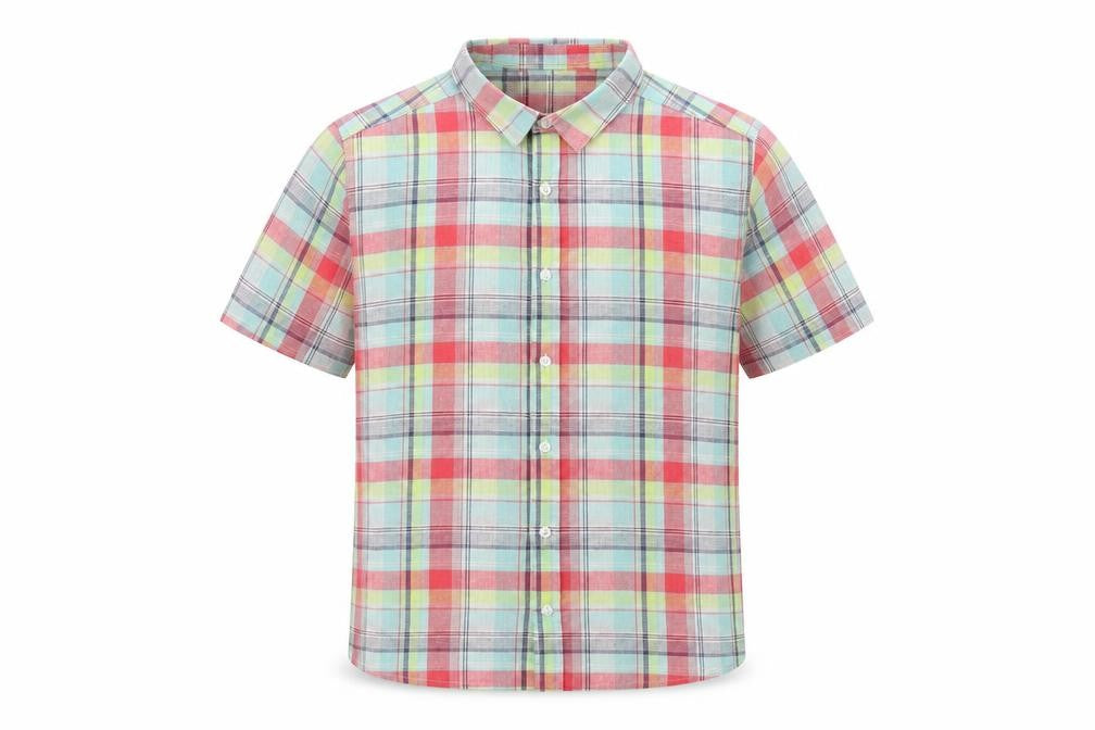 Front view of M&Co men’s multicoloured plaid linen polo, size S, collared button