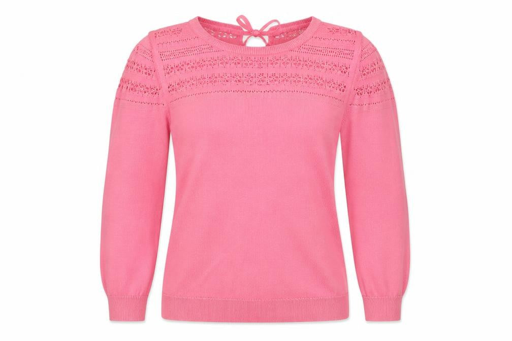 Front view of Marks & Spencer women’s pink round neck cotton jumper, size UK 8