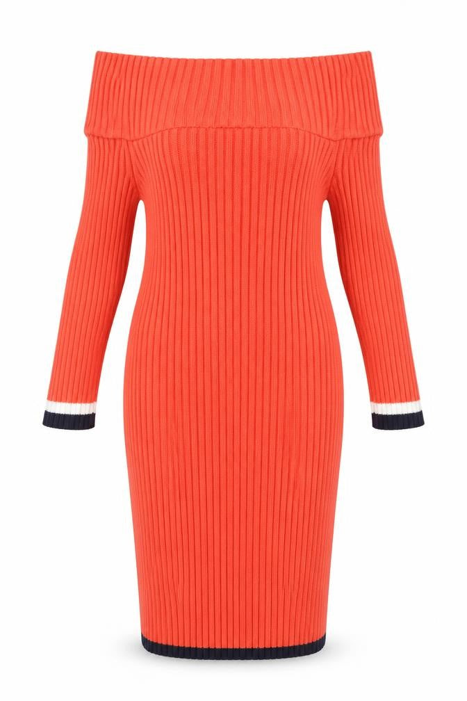 Front view of Next women’s orange boat neck acrylic jumper, size UK 8, - ribbed
