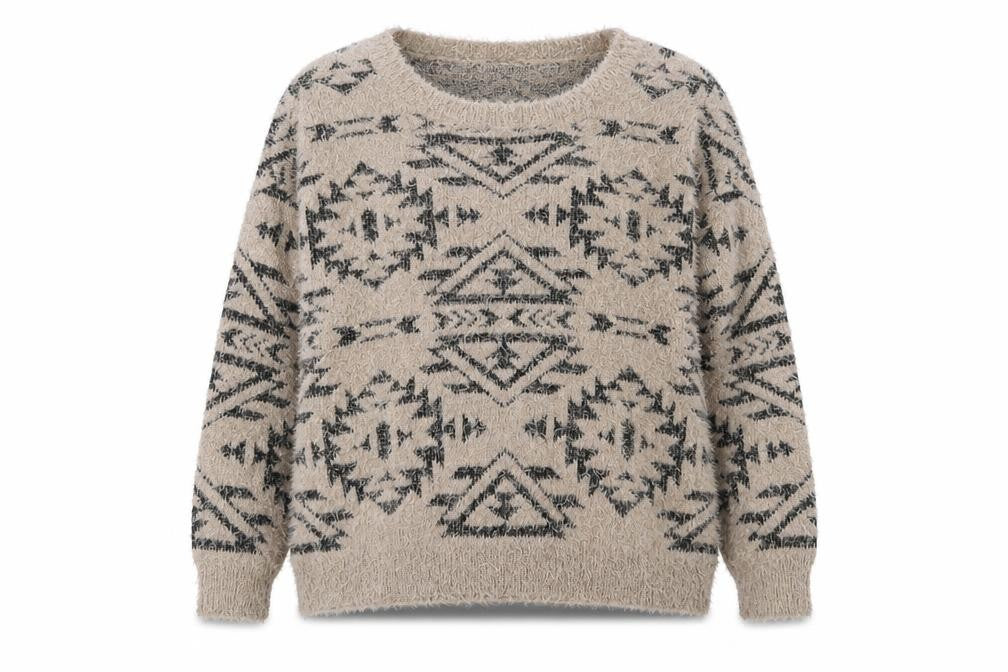 Front view of Marks & Spencer women’s beige boat neck geometric polyester jumper, size UK 16