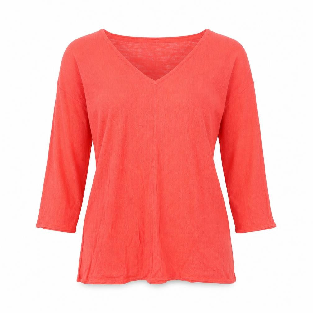 Front view of Monsoon women’s red linen basic blouse, size UK 10, v-neck