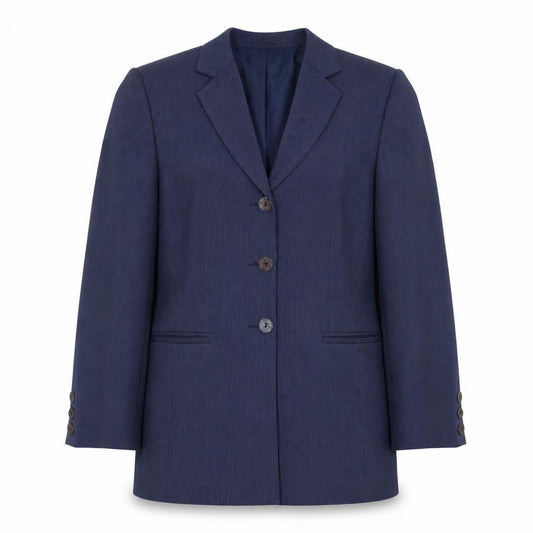 Front view of De Keyser women’s blue striped jacket blazer, size UK 14, button