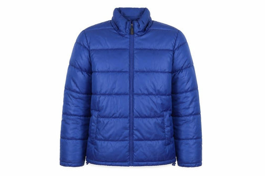 Front view of Mango women’s blue puffer jacket jacket, size S, zip