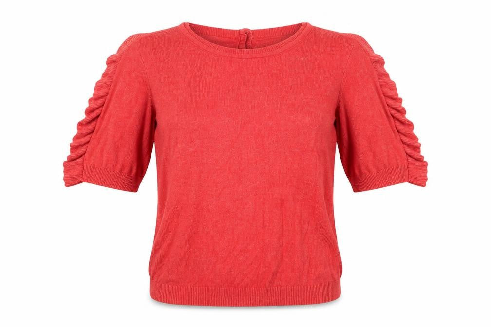 Front view of Marks & Spencer women’s red round neck viscose jumper, size UK 10