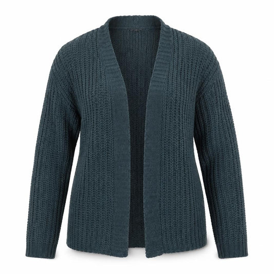 Front view of ASOS women’s green v-neck polyester cardigan jumper, size M