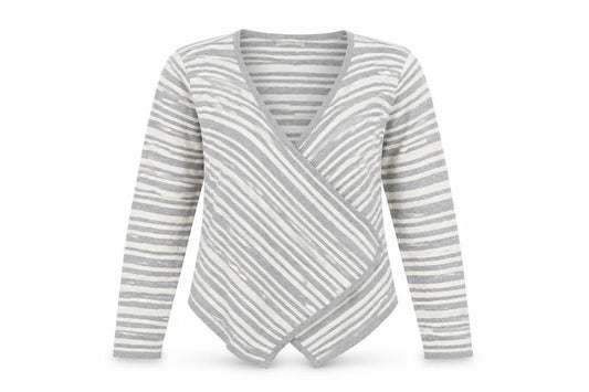 Front view of Marks & Spencer women’s grey v-neck striped acrylic cardigan jumper, size UK 12