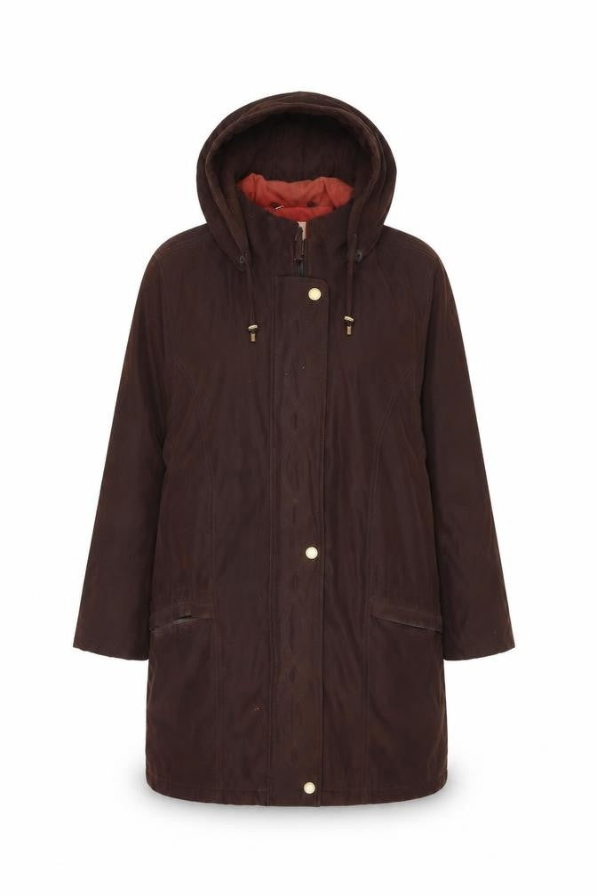 Front view of EWM women’s brown overcoat coat, size UK 10, zip