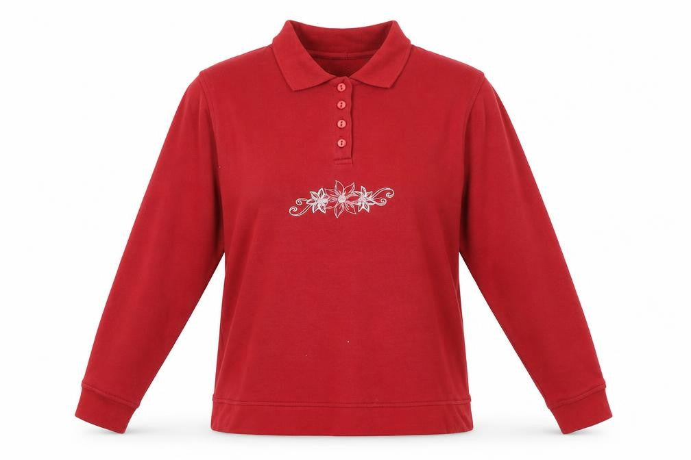 Front view of EWM women’s red polyester pullover sweatshirt, size M, button