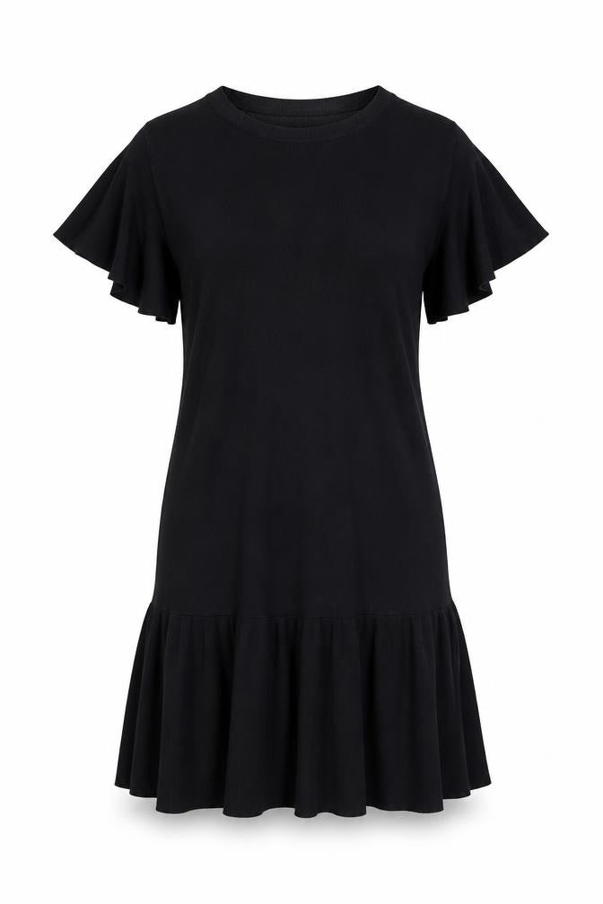 Front view of H&M women’s blue acrylic t-shirt dress, size S, round neck pullover