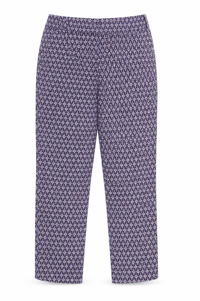 Front view of Warehouse women’s purple geometric cotton trousers, size UK 8, regular zip