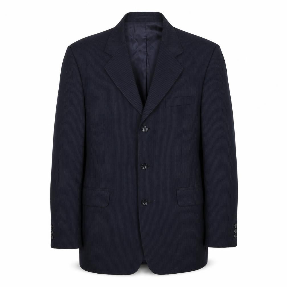 Front view of Hadleigh & Taylor men’s blue striped wool jacket suit jacket, size 40, regular