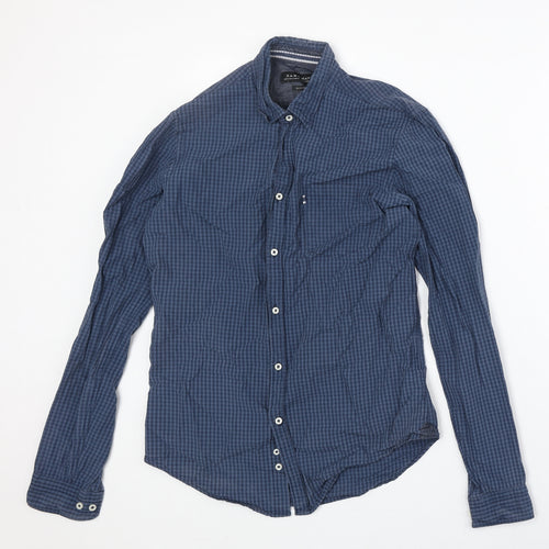 Zara Mens Blue Check Cotton Button-Up Size S Collared Button