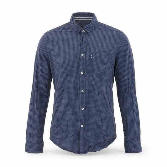 Front view of Zara men’s blue check cotton button-up, size S, collared button