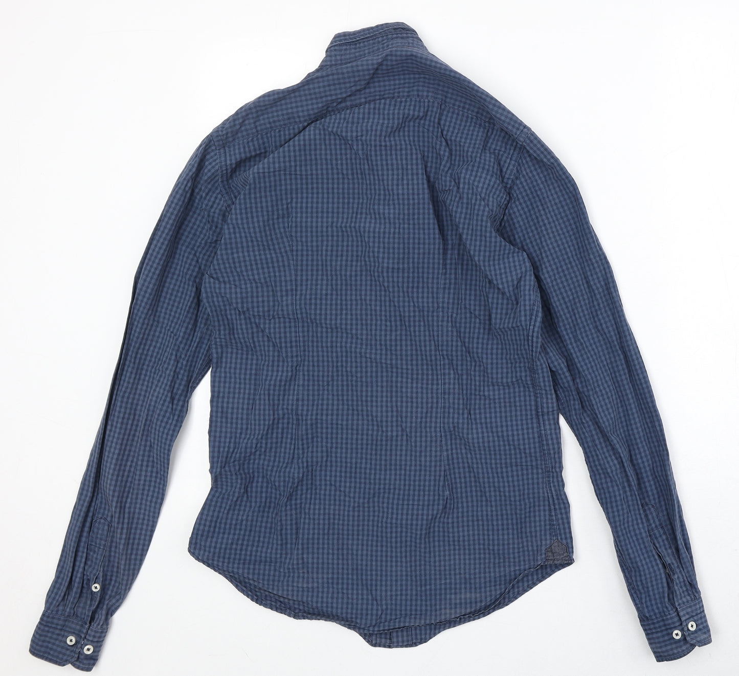 Zara Mens Blue Check Cotton Button-Up Size S Collared Button