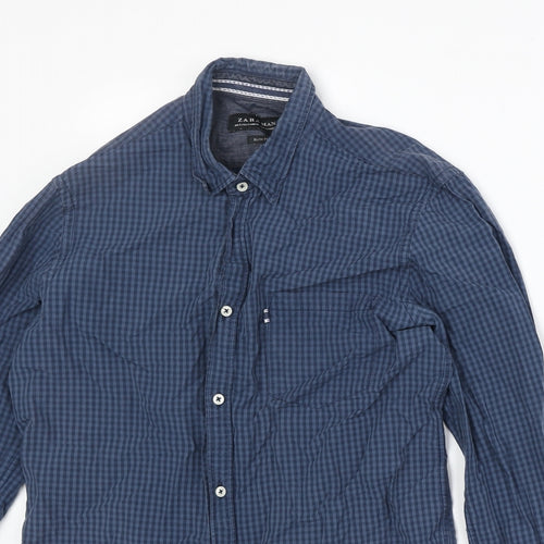 Zara Mens Blue Check Cotton Button-Up Size S Collared Button