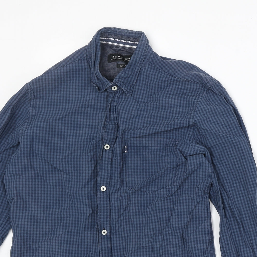 Zara Mens Blue Check Cotton Button-Up Size S Collared Button