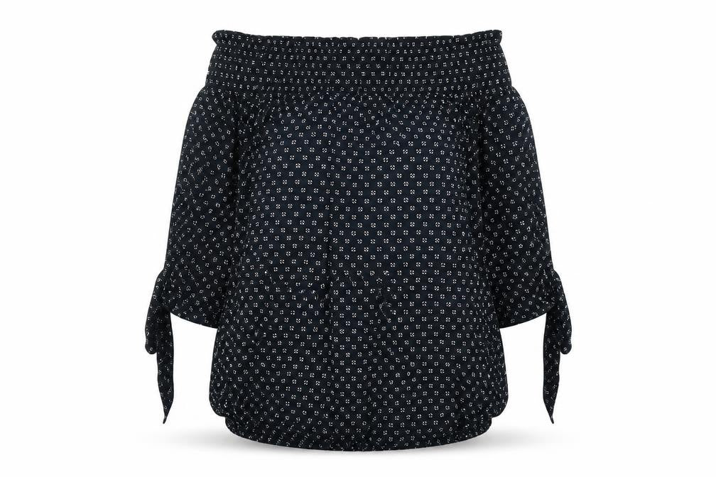 Front view of H&M women’s blue geometric viscose basic blouse, size UK 8, off the shoulder