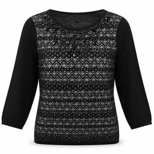 Monsoon Womens Black Boat Neck Geometric Acrylic Pullover Jumper Size 12 - Embellished Neckline