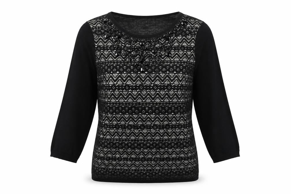 Monsoon Womens Black Boat Neck Geometric Acrylic Pullover Jumper Size 12 - Embellished Neckline