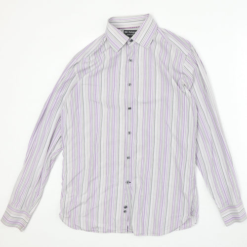 Marks and Spencer Mens Grey Striped Cotton Button-Up Size 15.5 Collared Button