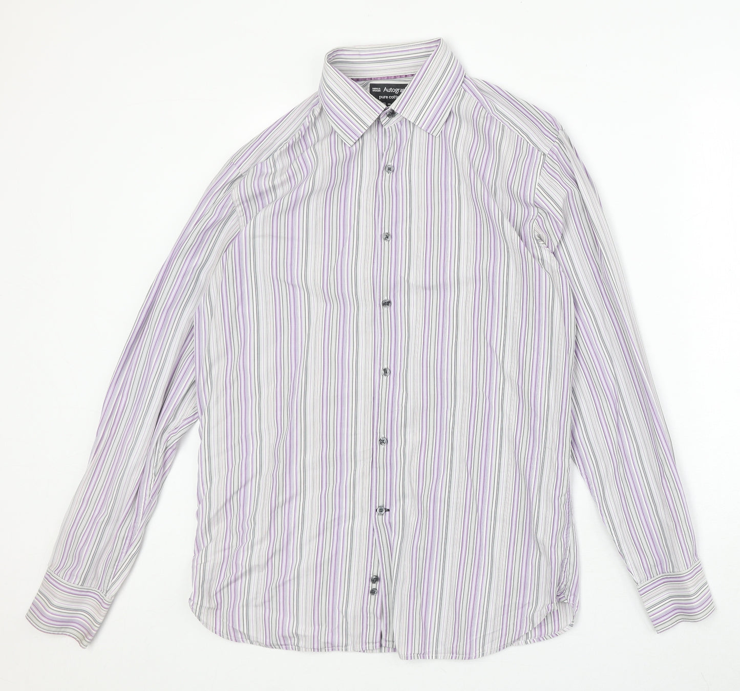 Marks and Spencer Mens Grey Striped Cotton Button-Up Size 15.5 Collared Button