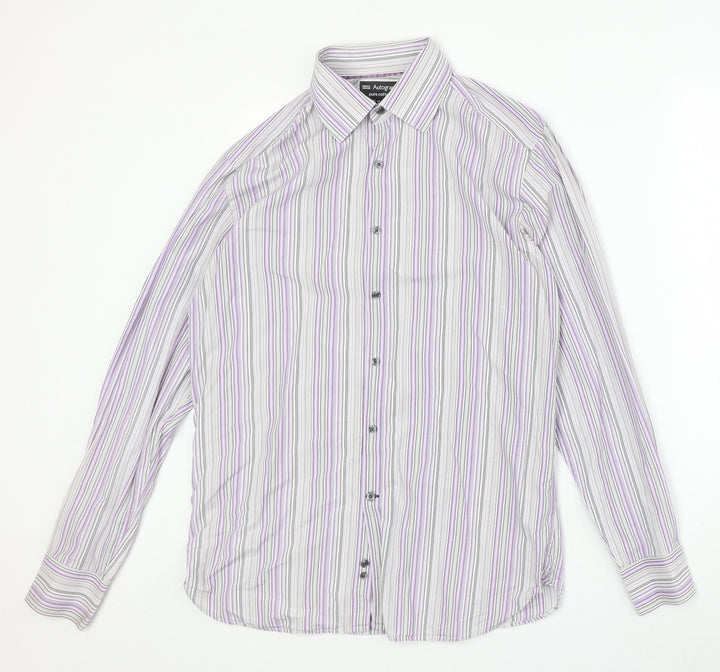 Marks and Spencer Mens Grey Striped Cotton Button-Up Size 15.5 Collared Button