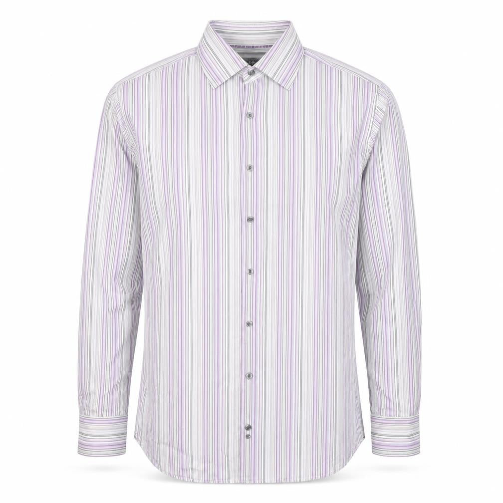 Front view of Marks & Spencer men’s grey striped cotton button-up, size 15.5 collared button