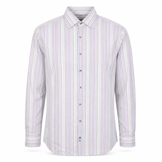 Front view of Marks & Spencer men’s grey striped cotton button-up, size 15.5 collared button