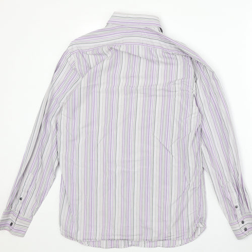 Marks and Spencer Mens Grey Striped Cotton Button-Up Size 15.5 Collared Button