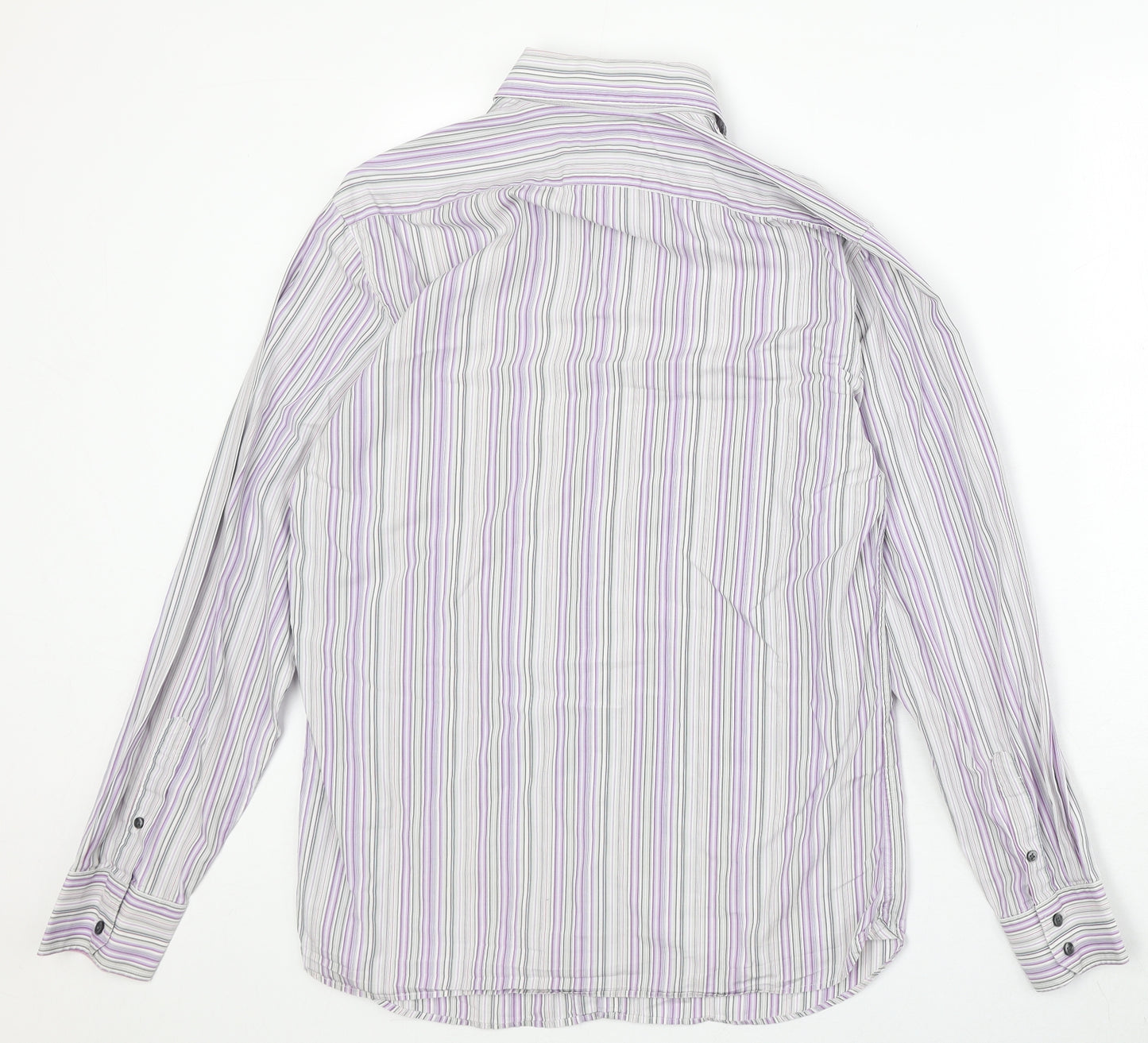 Marks and Spencer Mens Grey Striped Cotton Button-Up Size 15.5 Collared Button