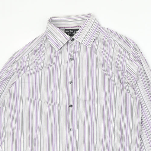 Marks and Spencer Mens Grey Striped Cotton Button-Up Size 15.5 Collared Button