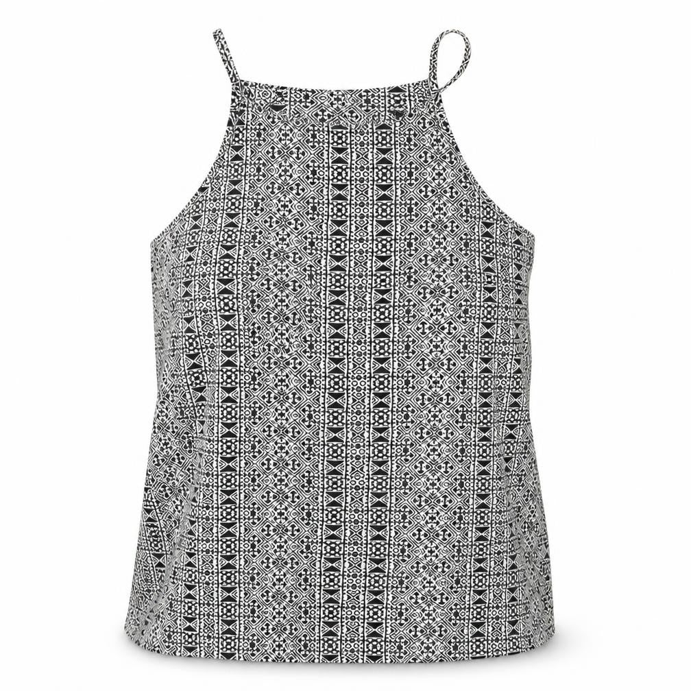 Front view of New Look women’s black geometric viscose basic tank, size UK 8, square neck