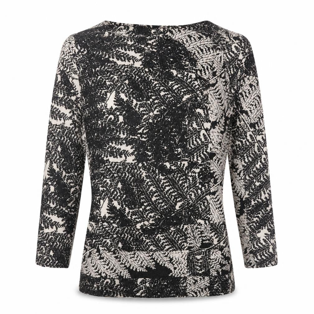 Front view of RJR.John Rocha women’s black geometric viscose basic blouse, size UK 8, round neck