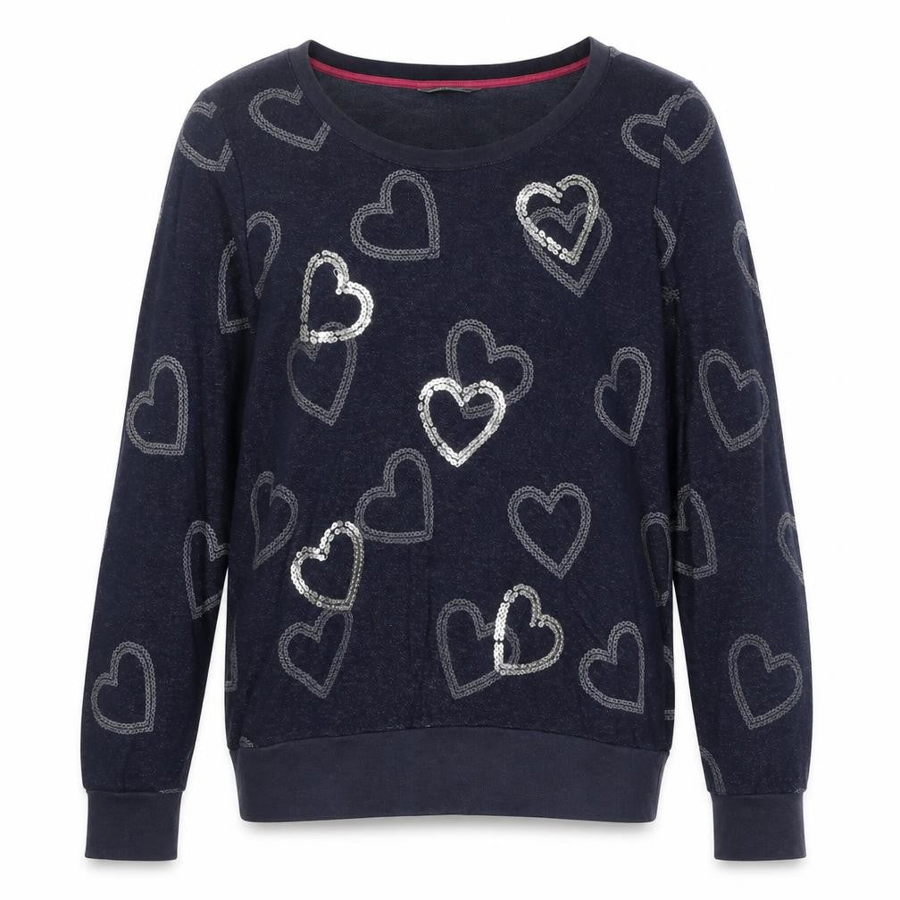 Front view of Marks & Spencer women’s blue geometric viscose pullover sweatshirt, size UK 10, pullover - heart pattern