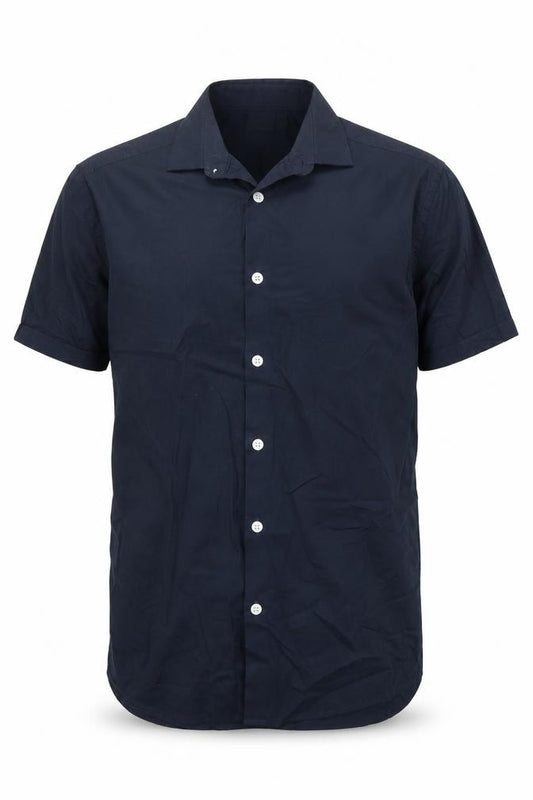 Front view of ASOS men’s blue cotton button-up, size S, collared button