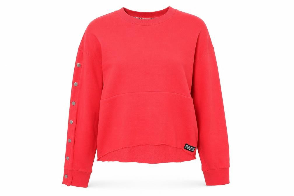 Front view of PINK women’s red cotton pullover sweatshirt, size M, pullover