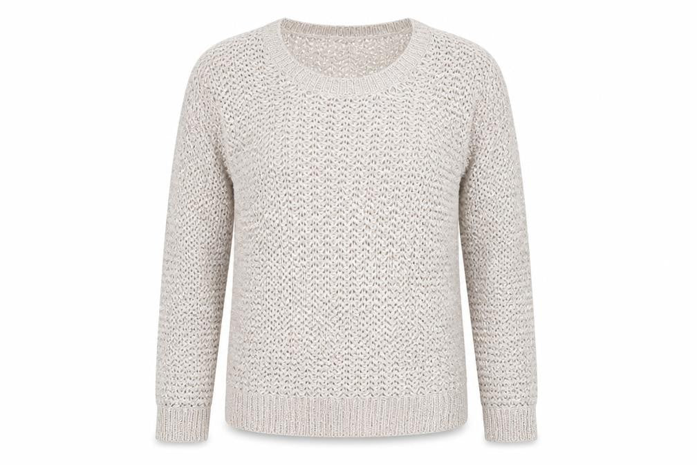 Front view of EWM women’s pink round neck acrylic jumper, size M