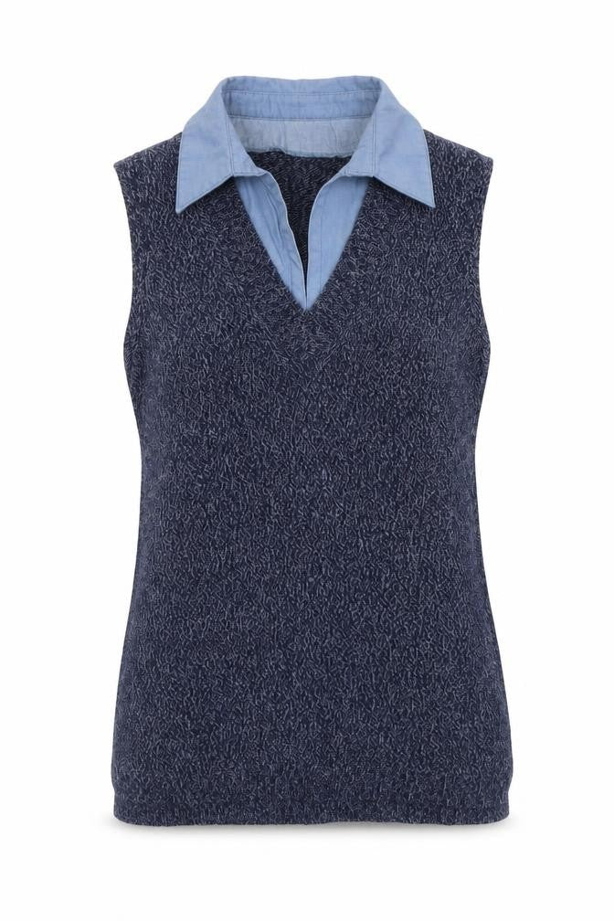 Front view of Next women’s blue acrylic basic tank, size M, collared