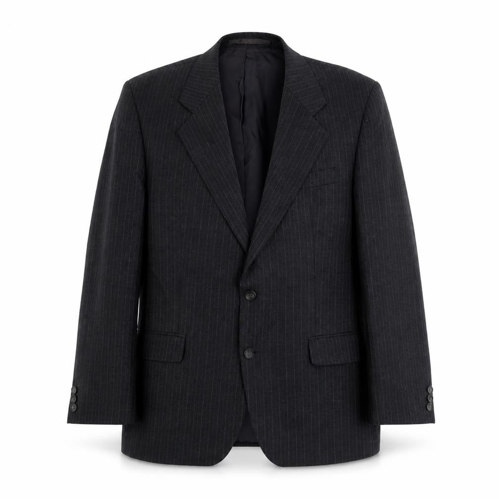 Front view of Marks & Spencer men’s grey striped polyester jacket suit jacket, size M, regular